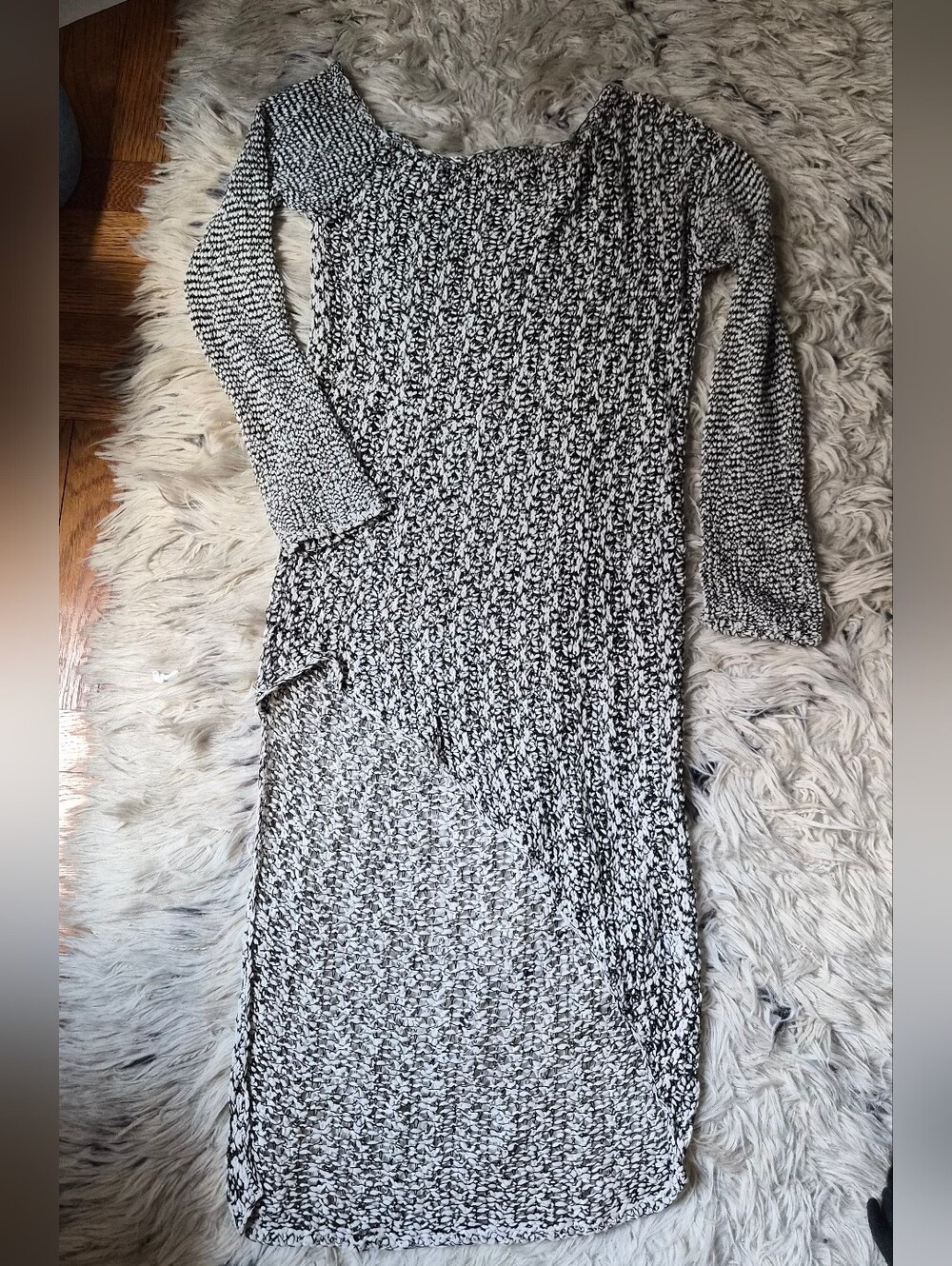 Unique Helmut Lang Crochet Woven Black & White Knit Asymmetric Hem Dress Sz Smal